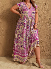 Plus Size Printed V-Neck Cap Sleeve Maxi Dress OutfitFlow